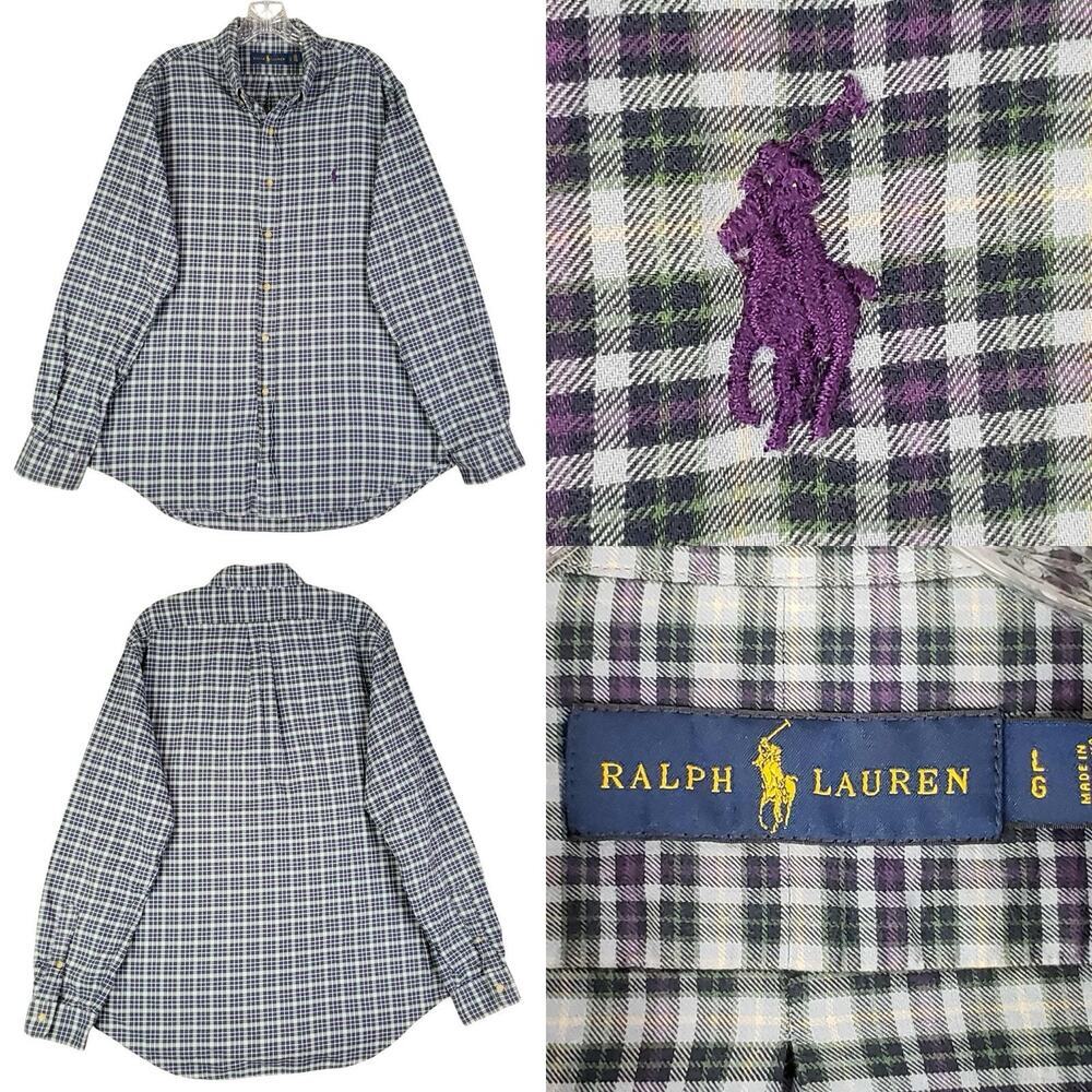 Polo Ralph Lauren Shirt Oxford Button Down Purple Green Plaid LS Size Large L